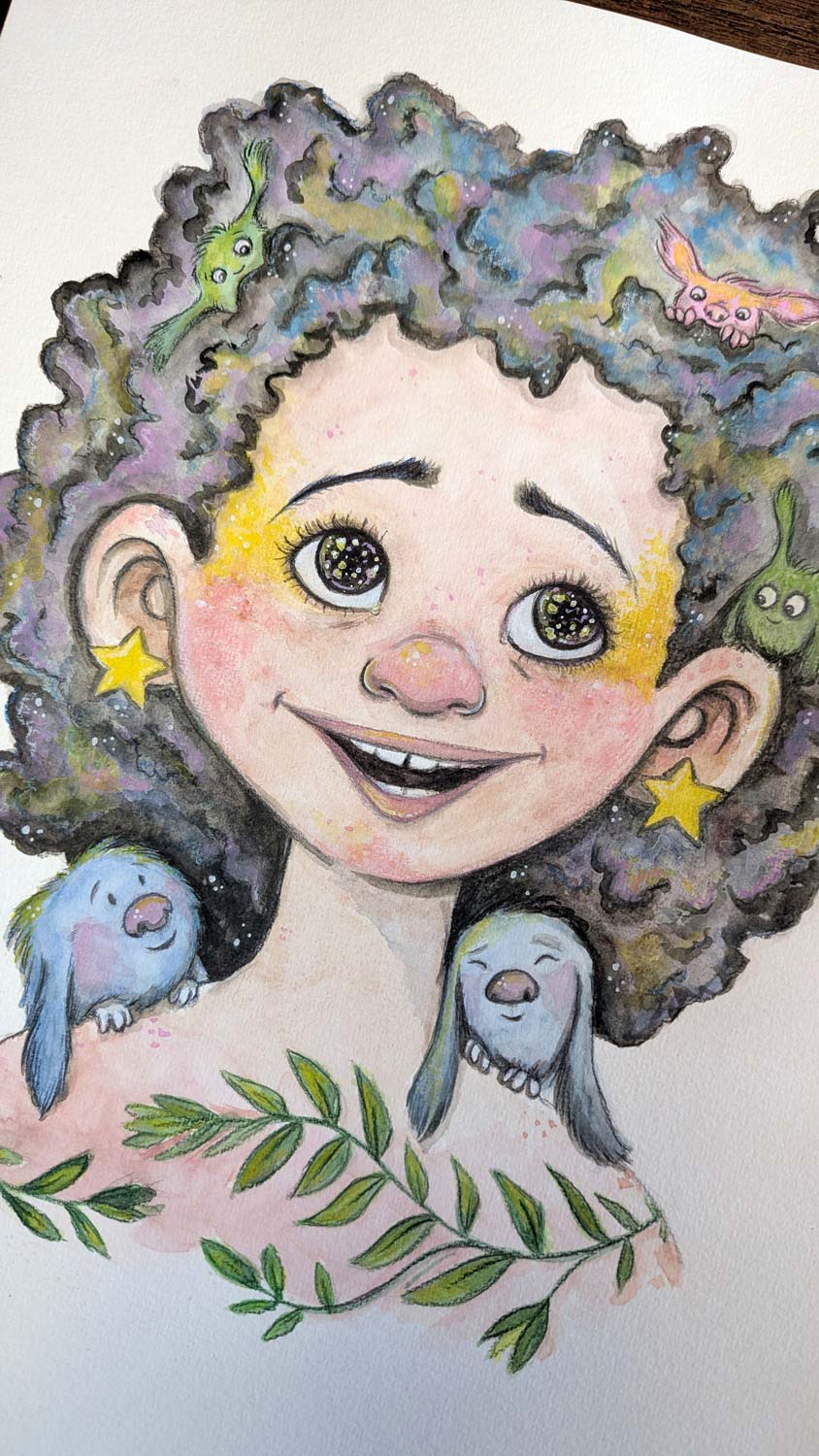 Farverig illustration af smilende barn med krøllet hår og små dyr, dansk design plakat til børneværelset.