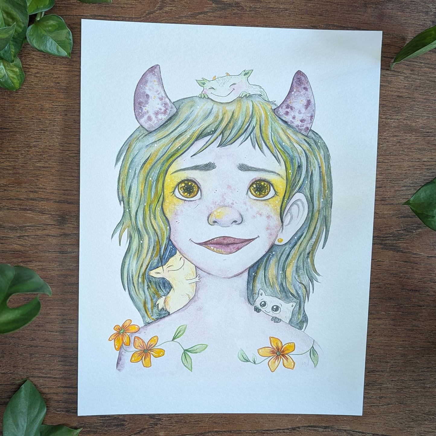Illustration af barn med horn og gule blomster, maleri i dansk design til børneværelset, plakater til børn, kunst.