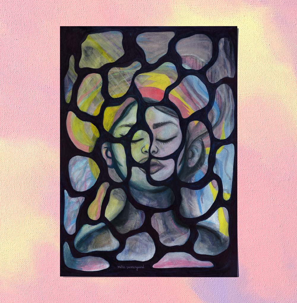 A5 kort med abstrakt illustration af to ansigter i bløde farver, dansk design, kunst til børneværelset.