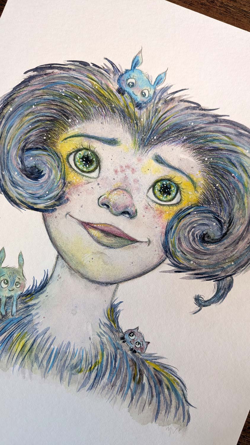 Illustration af fantasifuldt væsen med farverige krøllede horn, plakat til børneværelset, dansk design kunst.