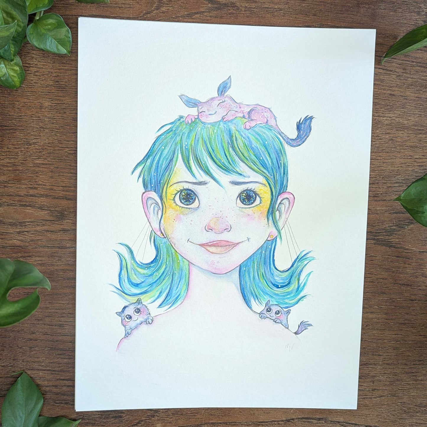 Illustration af pige med blå hår og vægt skulptur, dansk design plakat til børneværelset, kunst maleri til børn.