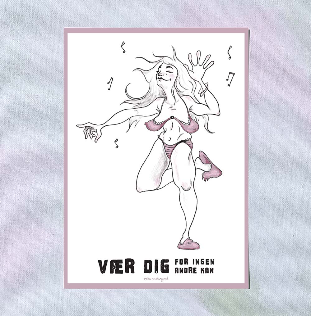 Illustration af kvinde i rød bikini danser med musiknoter, dansk design kort til plakater til børneværelset, maleri og kunst.