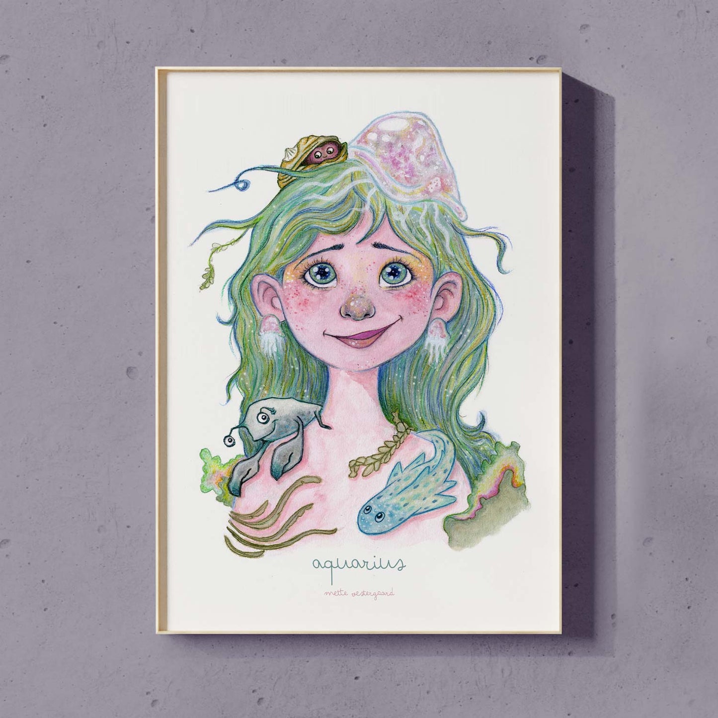 Farverig illustration af Vandmanden pige med havtema, dansk design plakat til børneværelset.