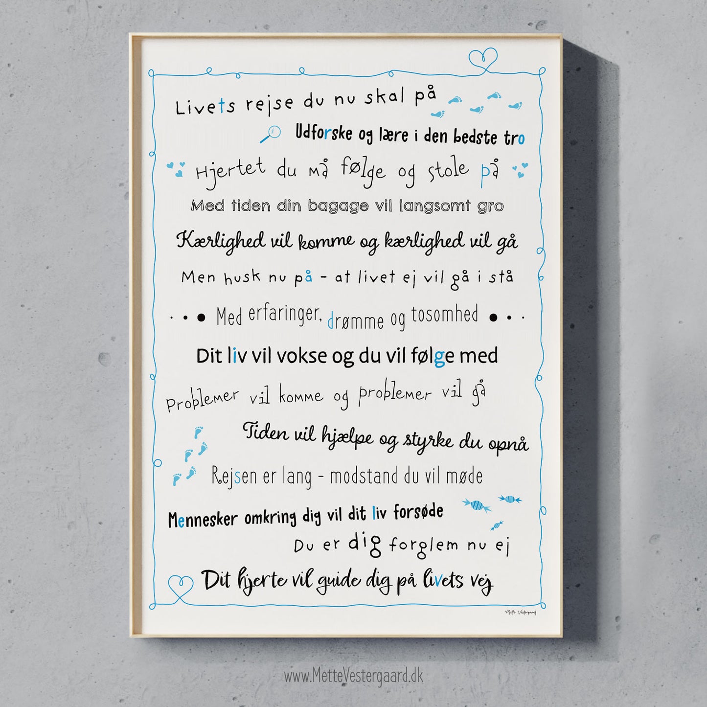 Illustration med dansk design og tekst, blåt maleri, plakat til børneværelset og vægpynt.