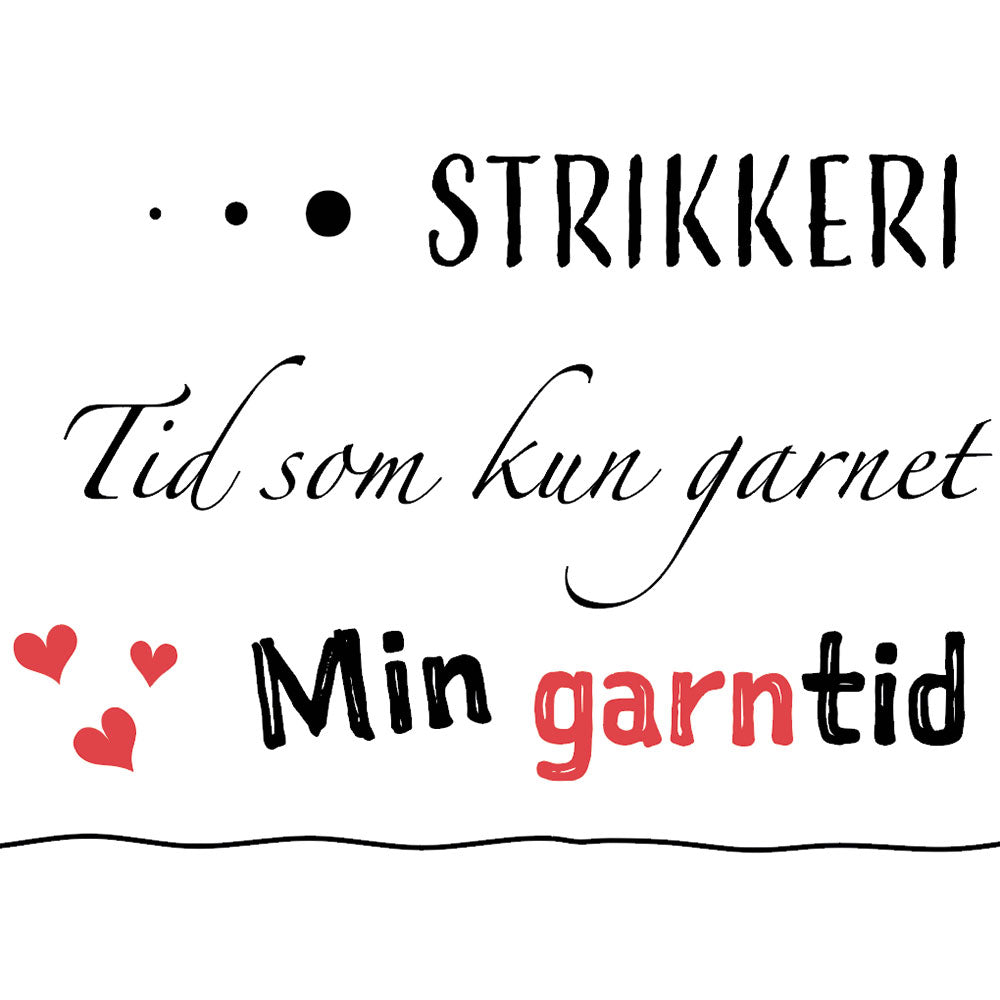 Illustreret plakat med tekst om garn og hjerter, dansk design til børneværelset, kunstnerisk maleri.