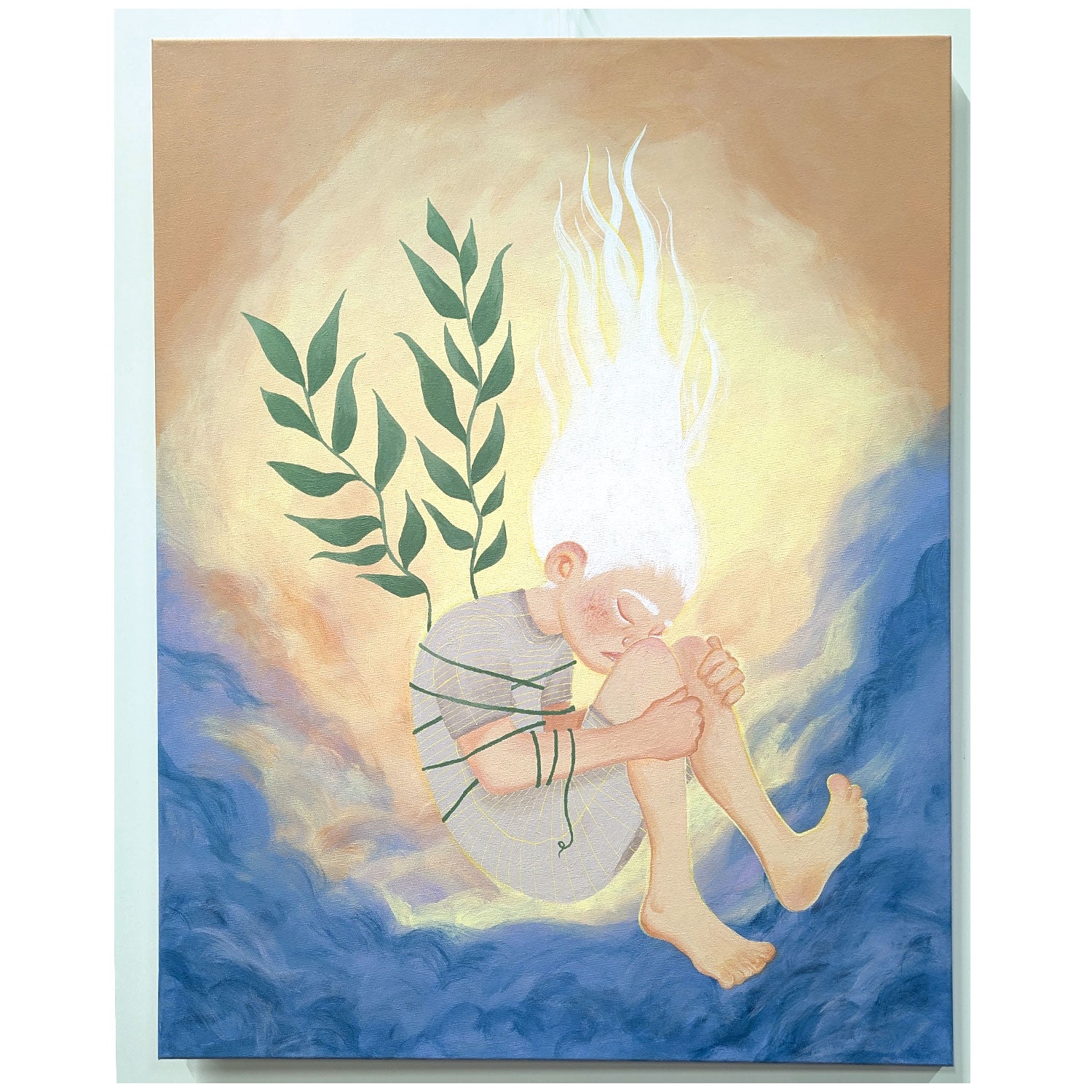 Maleri i dansk design med illustration af barn med hvidt hår og grønne blade, plakater til børneværelset, kunst og plakater.
