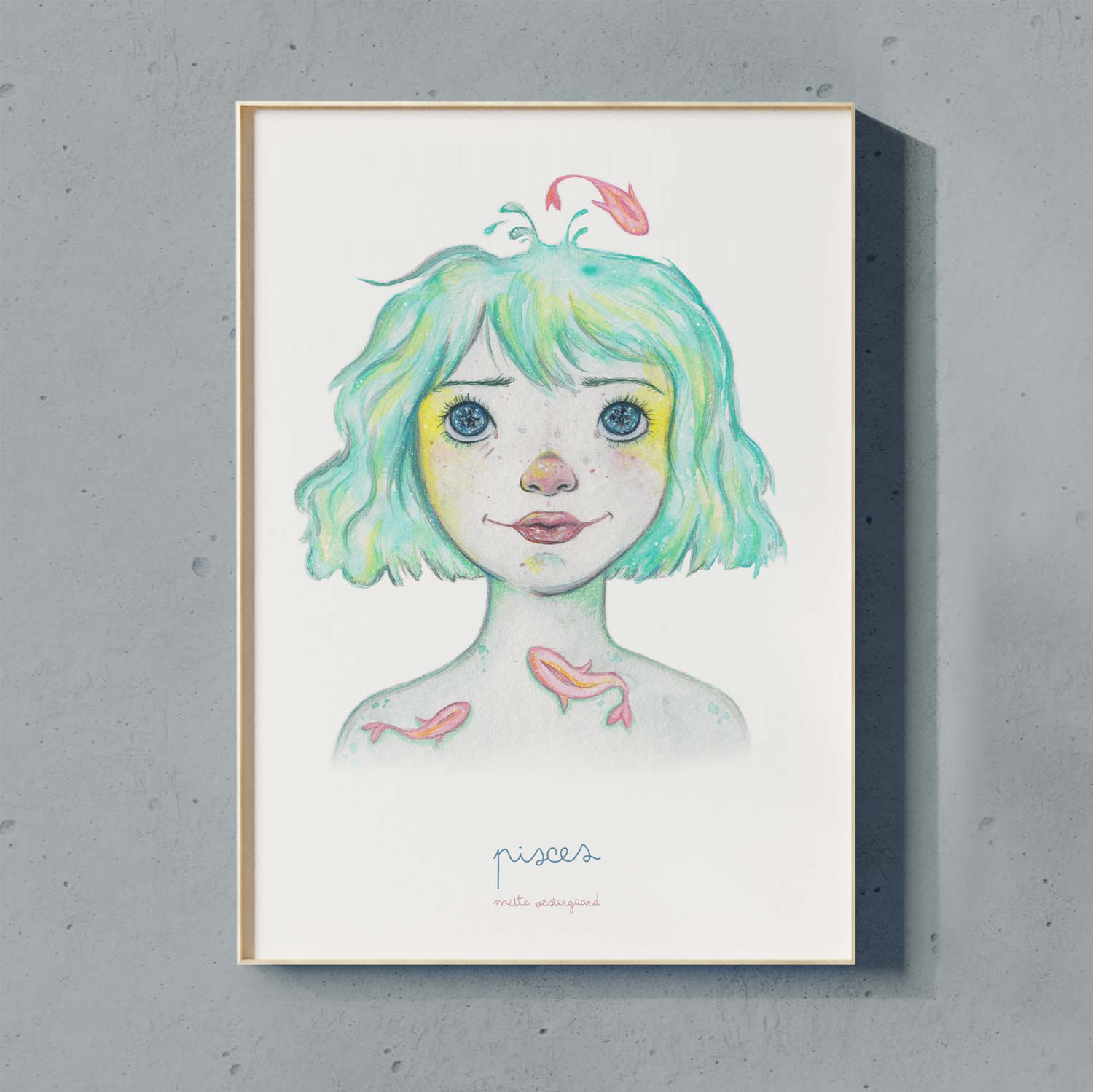 Illustration af Fiskene pige med turkis hår og fisk, dansk design plakat til børneværelset, kunsttryk.