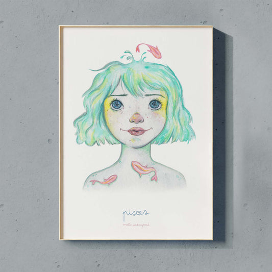 Illustration af Fiskene pige med turkis hår og fisk, dansk design plakat til børneværelset, kunsttryk.