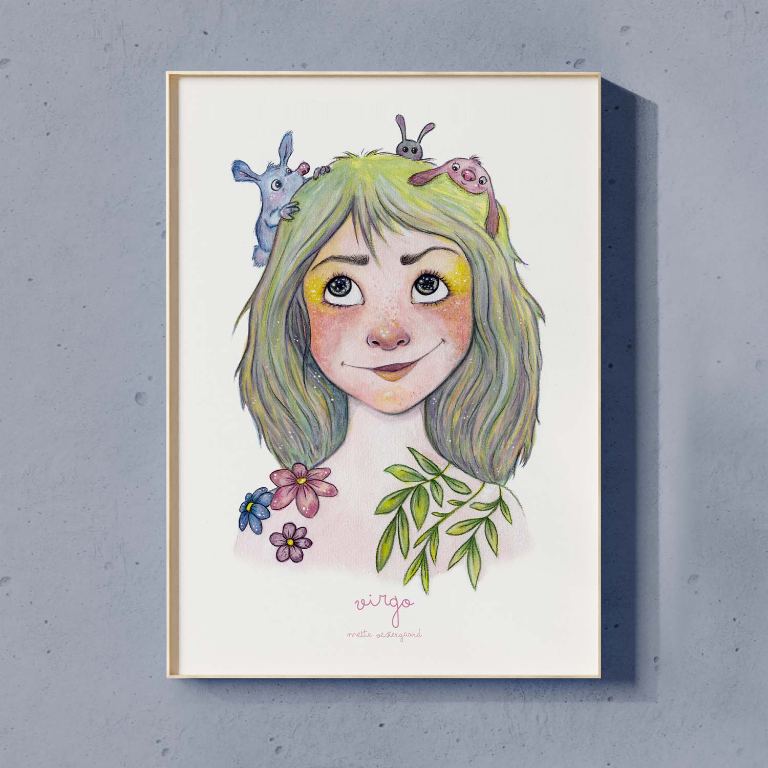 Farverig illustration af pige med grønligt hår og blomster, dansk design plakat til børneværelset, maleri og kunst.