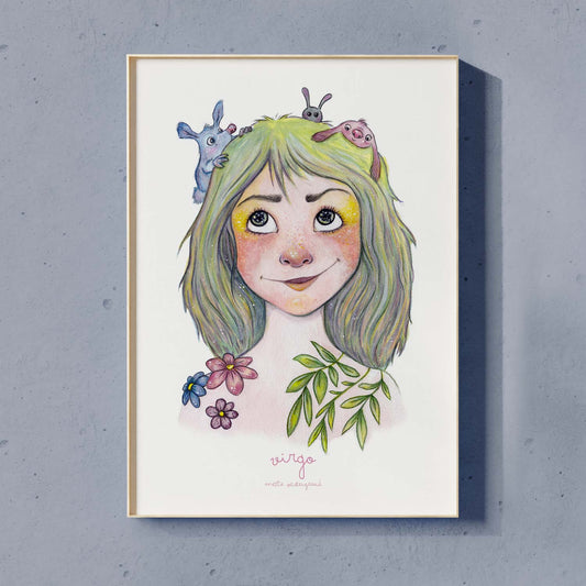 Farverig illustration af pige med grønligt hår og blomster, dansk design plakat til børneværelset, maleri og kunst.