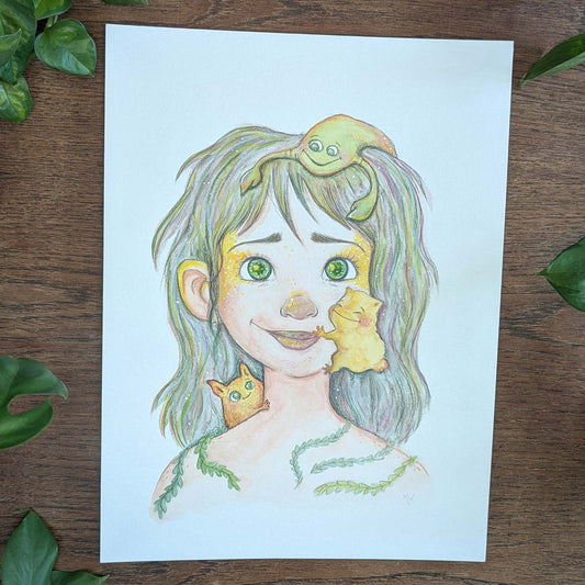 Farverig illustration af pige med planteinspirerede træk og dyr, dansk design til børneværelset, plakater til børn, maleri,.