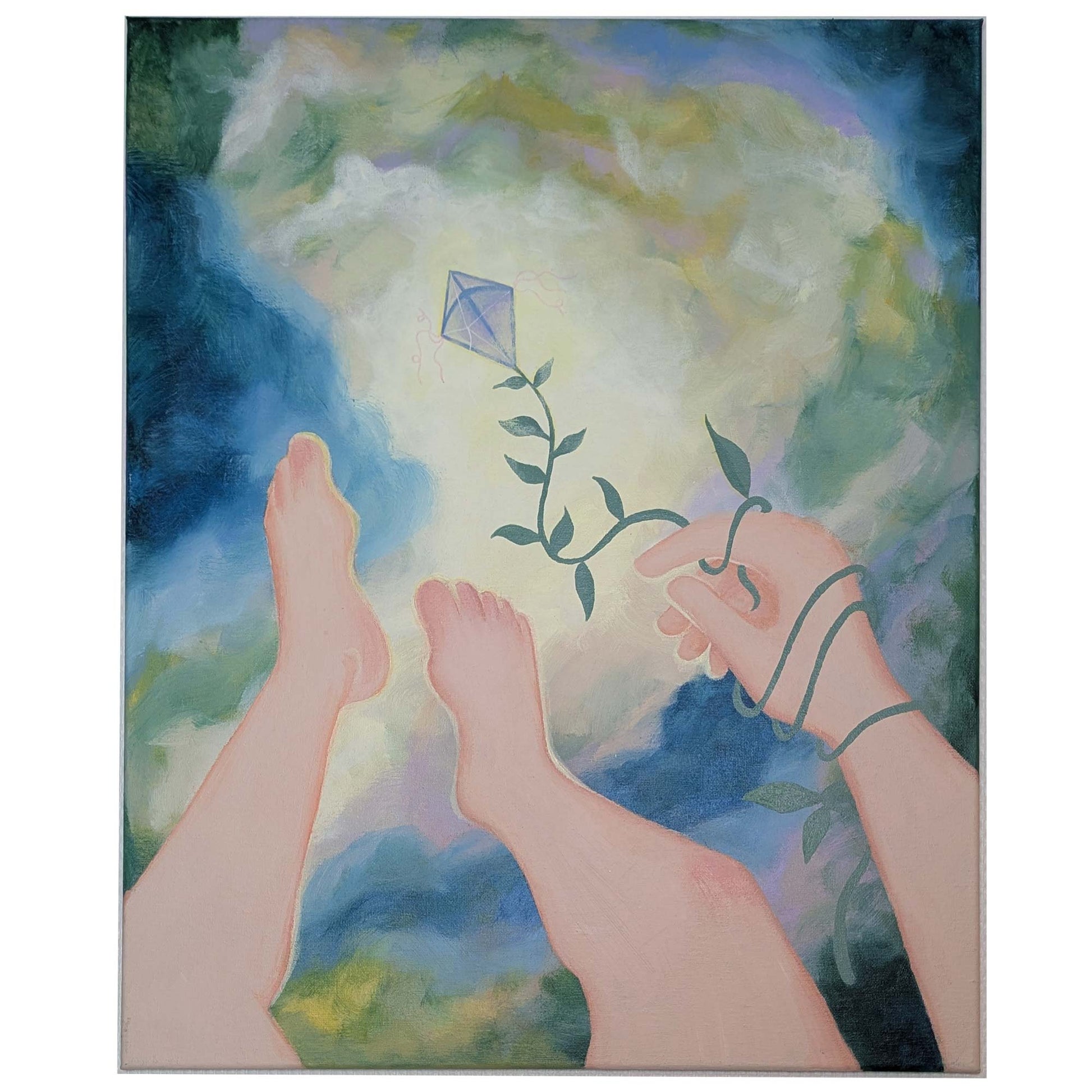Maleri med illustration af to fødder og hånd med blomstrende plante mod himmel, dansk design, plakater til børneværelset,.