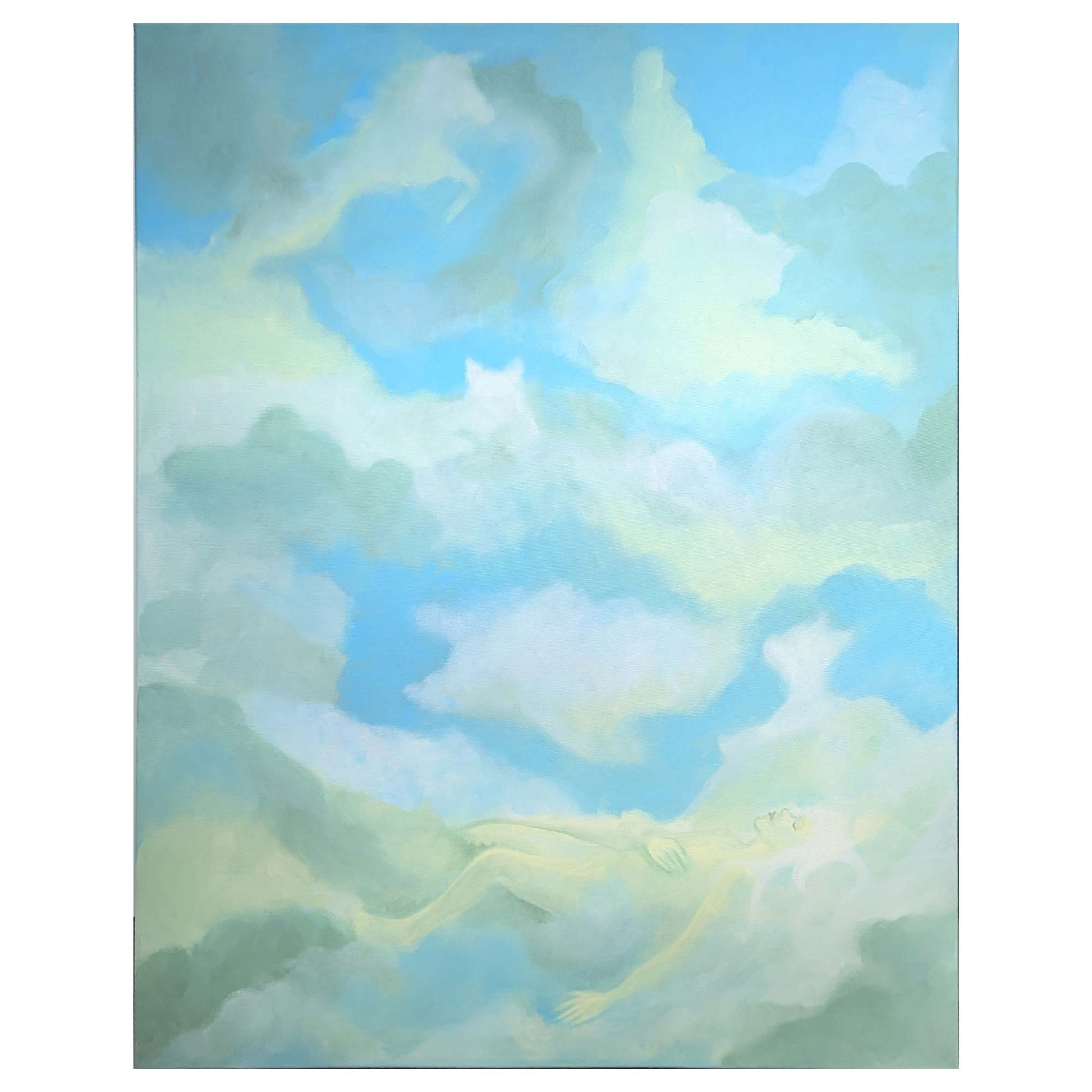 Maleri med drømmeagtig himmel og bløde skyer i pastel, illustration til plakater til børneværelset, dansk design kunst.