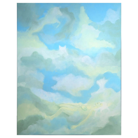 Maleri med drømmeagtig himmel og bløde skyer i pastel, illustration til plakater til børneværelset, dansk design kunst.