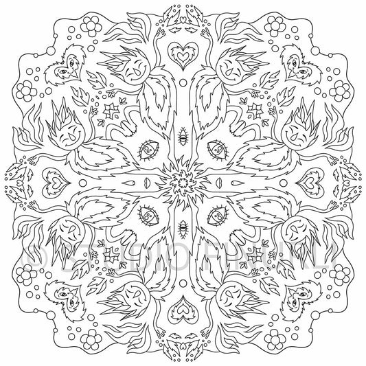 Sort-hvid mandala illustration med detaljeret mønster, plakater til børneværelset, dansk design kunst.