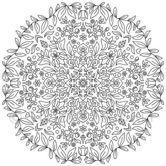 Sort-hvid mandala illustration med blomster og blade, perfekt som plakater til børneværelset, dansk design kunst.