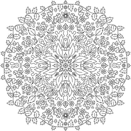 Sort-hvid mandala illustration med detaljerede blomster og blade, dansk design plakat til børneværelset, kunst maleri til.