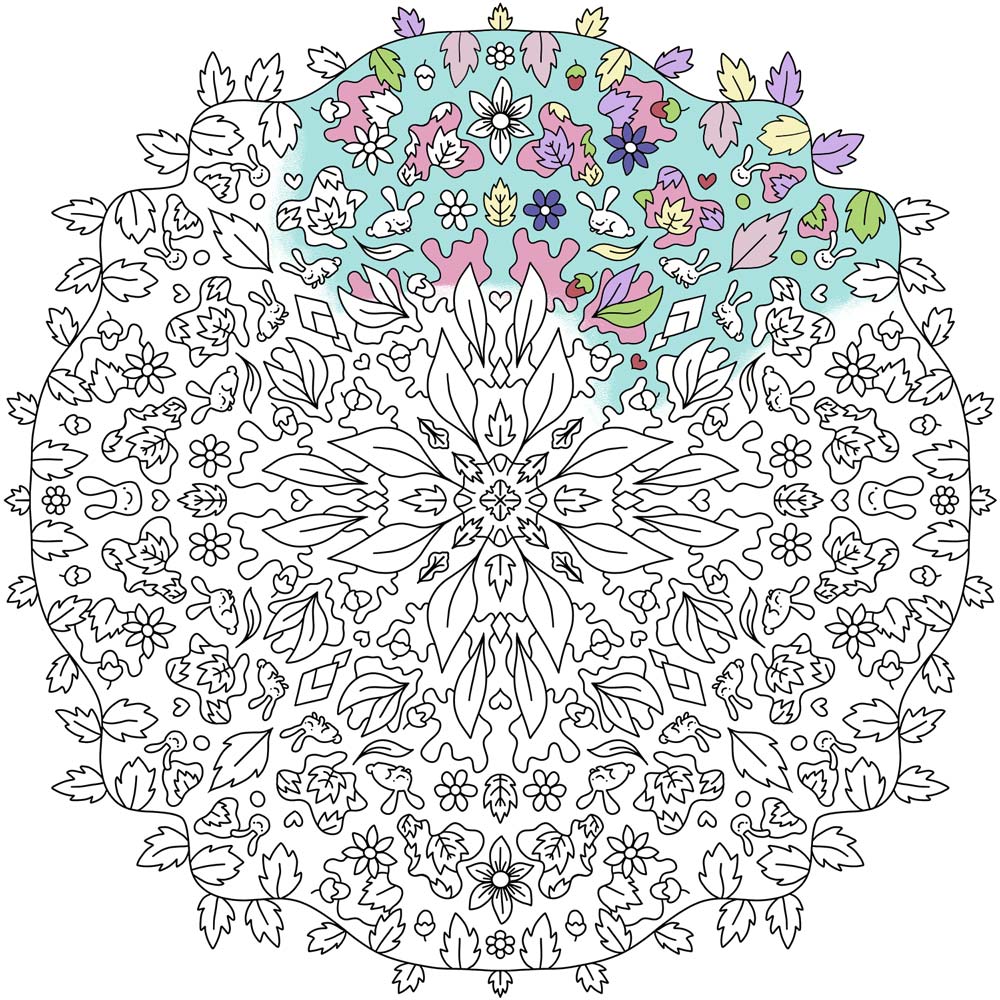 Mandala illustration med delvist farvelagt blomstermønster i pastelfarver, dansk design plakat til børneværelset og børn,.