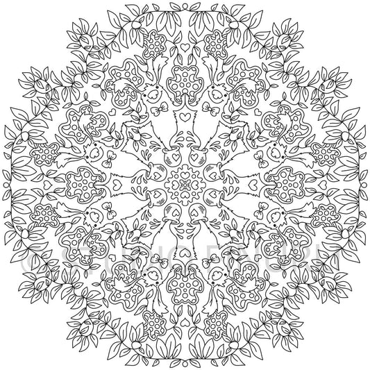 Sort-hvid mandala illustration med detaljerede mønstre og bladformede elementer, dansk design kunst til plakater til.