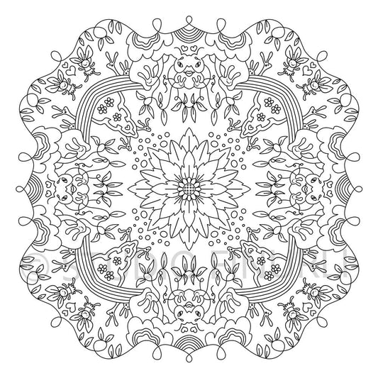 Sort-hvid mandala illustration med detaljerede mønstre, dansk design plakat til børneværelset, kunst og maleri.