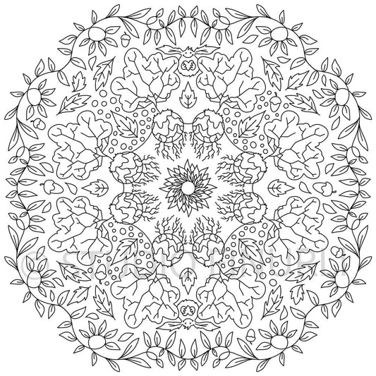 Illustration af sort-hvid mandala med detaljerede blade og blomster, plakater til børneværelset, dansk design kunstmaleri.