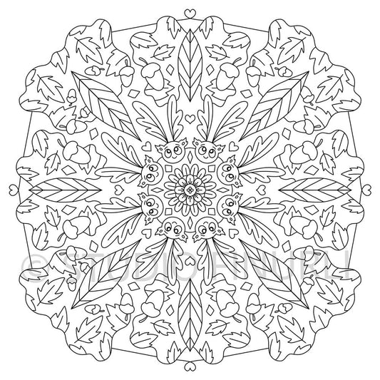 Sort-hvid mandala illustration med detaljerede blade og blomster, dansk design kunst til børneværelset plakater til børn.