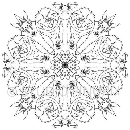 Sort-hvid mandala illustration med glade ansigter og blomster, dansk design kunst til børneværelset.
