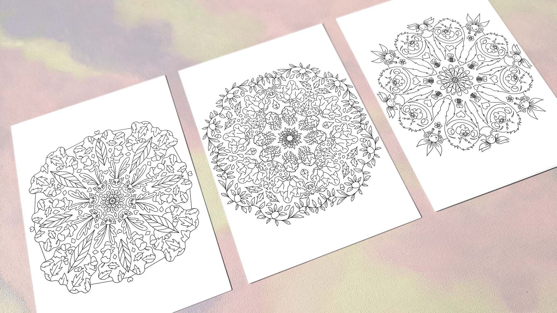Tre detaljerede mandala-illustrationer i sort-hvid, plakater til børneværelset med dansk designkunst.