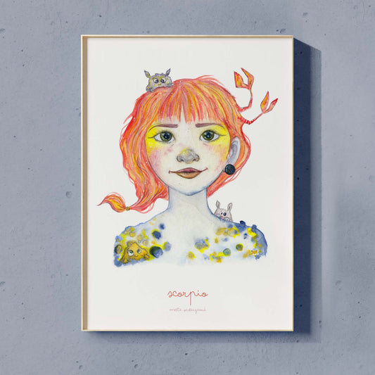 Illustration af Skorpionen Pige i dansk design, farverig plakat til børneværelset, maleri og kunsttryk til børn.