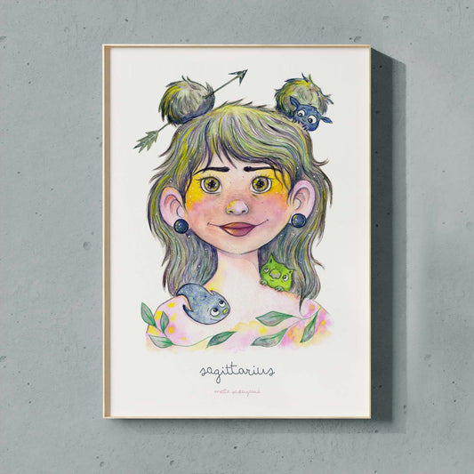 Farverig illustration af pige med stjernetegnet Skytten, dansk design plakat til børneværelset, maleri og kunst.