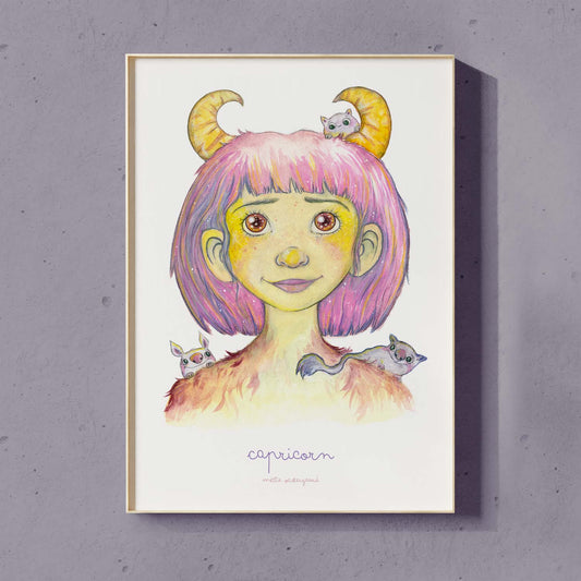 Farverig illustration af Stenbukken pige med horn, dansk design plakat til børneværelset, kunstmaleri.