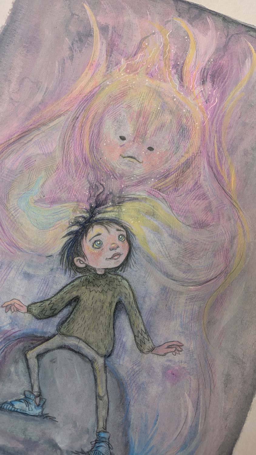 Illustration af dreng med lyst monster i bløde farver, plakater til børneværelset, dansk designkunst.