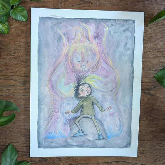 Farverig illustration af barn og monster i bløde nuancer, plakater til børneværelset i dansk design, maleri, kunst.