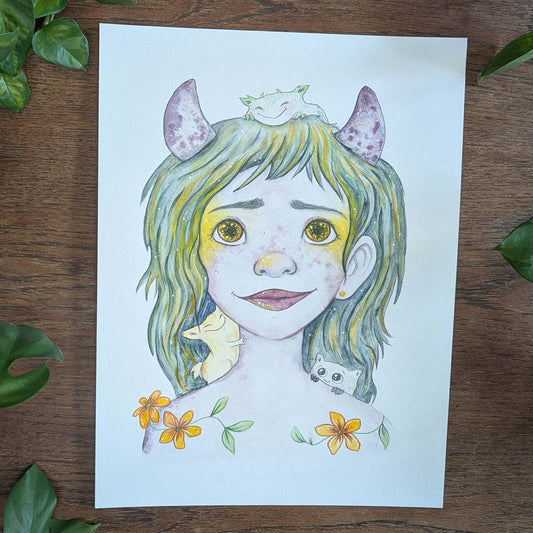 Illustration af barn med horn og gule blomster, maleri i dansk design til børneværelset, plakater til børn, kunst.