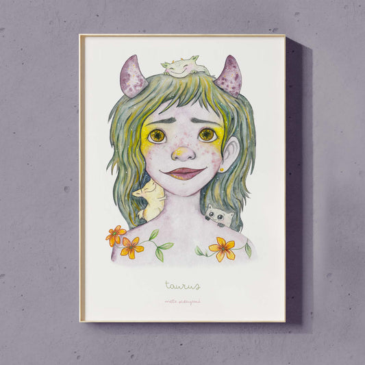 Illustration af Tyren pige med grønne hår og blomster, dansk design maleri til børneværelset.