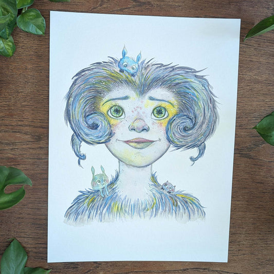 Farverig illustration af fantasifuldt ansigt med blåt hår og fugle i dansk design, plakater til børneværelset, kunst.