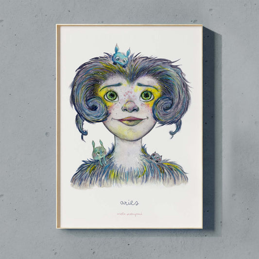 Farverig illustration af Vædderen pige med fugle, dansk design plakat til børneværelset, kunstnerisk maleri.