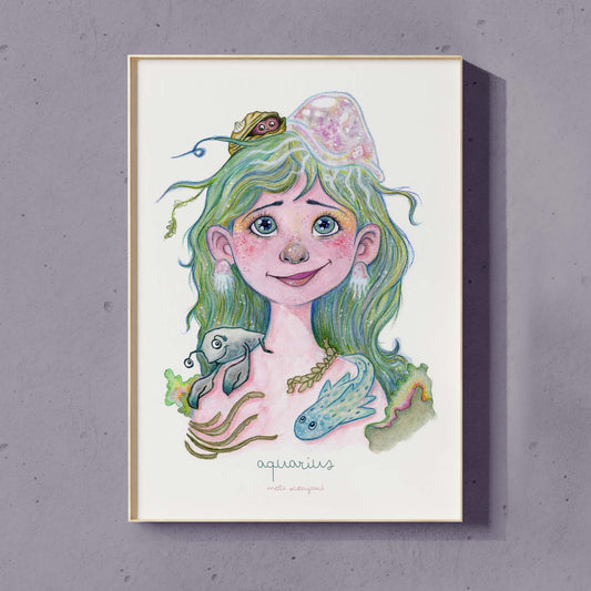 Farverig illustration af Vandmanden pige med havtema, dansk design plakat til børneværelset.