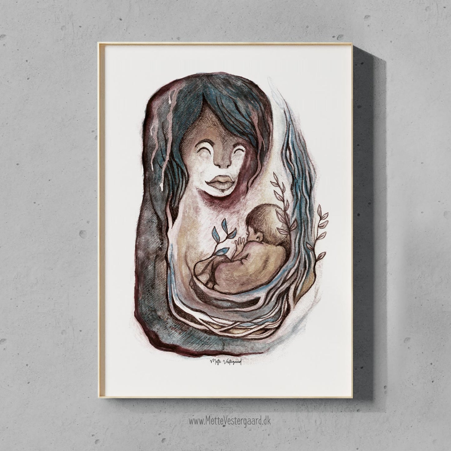 Mor og Barn - Blå/Brun - illustration af mor med nyfødt