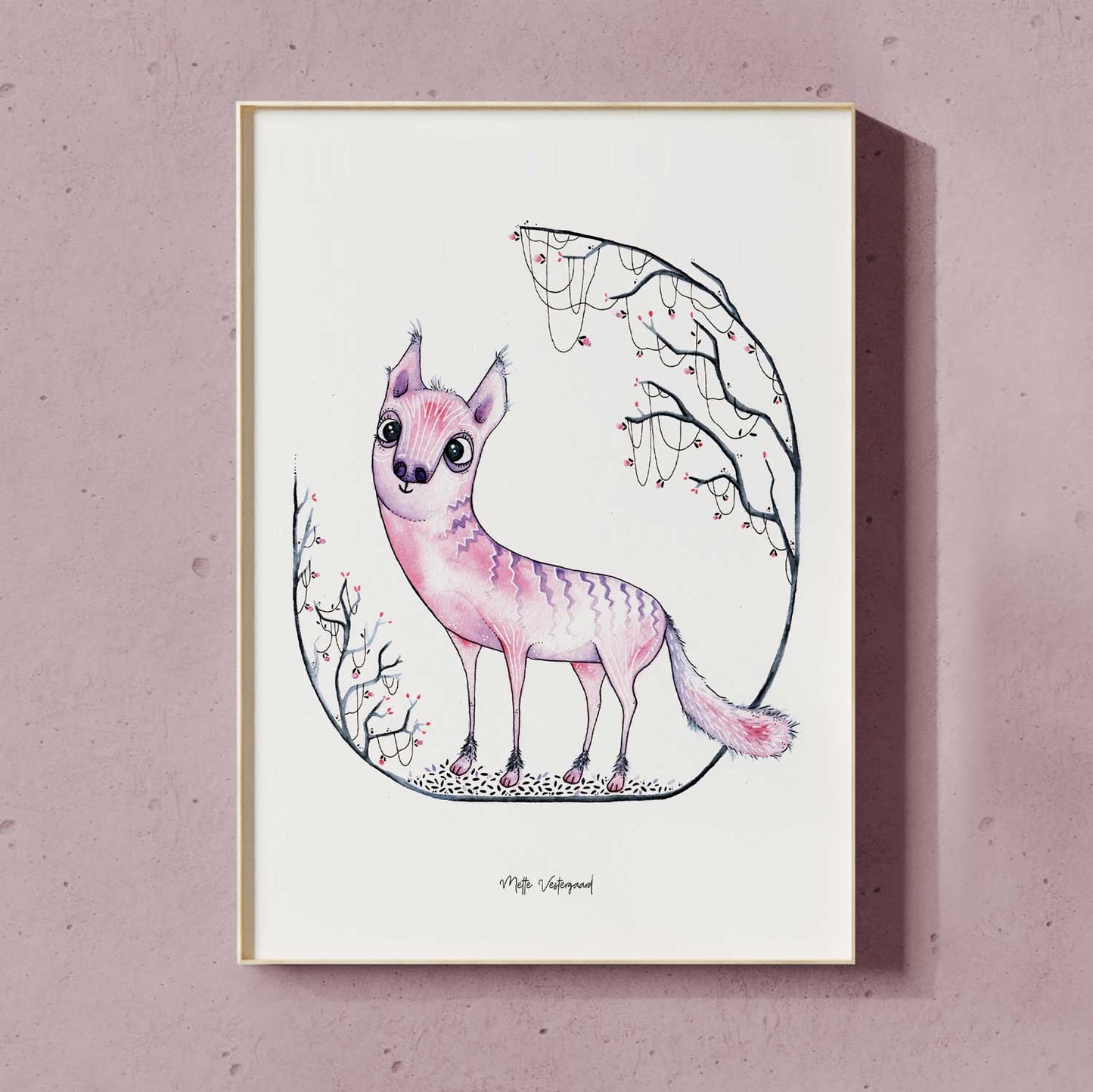 Illustration af pink kattedyr i dansk design til plakater til børneværelset og børn, maleri og kunst.