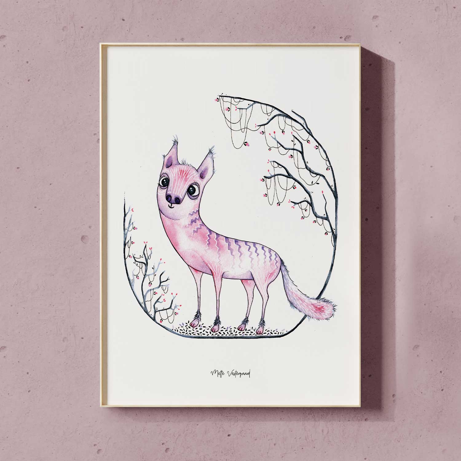 Illustration af pink kattedyr i dansk design til plakater til børneværelset og børn, maleri og kunst.