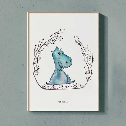 Illustration af en lille blå dinosaur omringet af grene med små blomster.